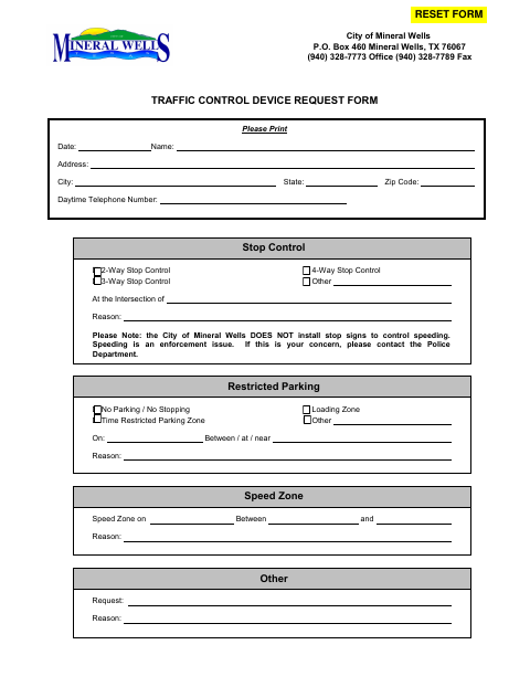 First page of the Traffic Control Device Request Form
