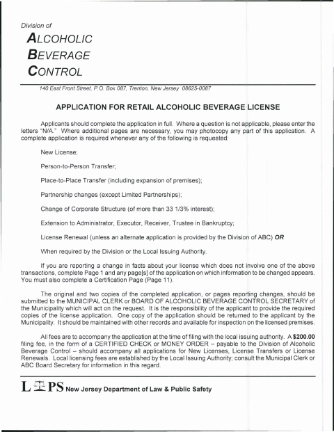 First page of the Retail Alcoholic Beverage License Application