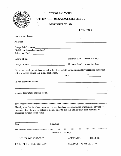 First page of the Garage Sale Permit Application