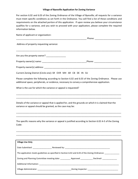First page of the Application for Zoning Variance