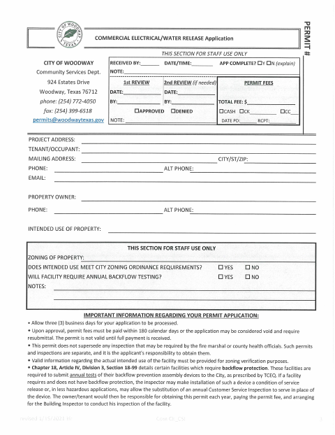 First page of the Commercial Electrical/Water Release Application
