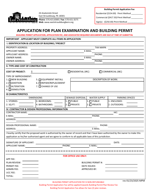 First page of the Application for Plan Examination and Building Permit