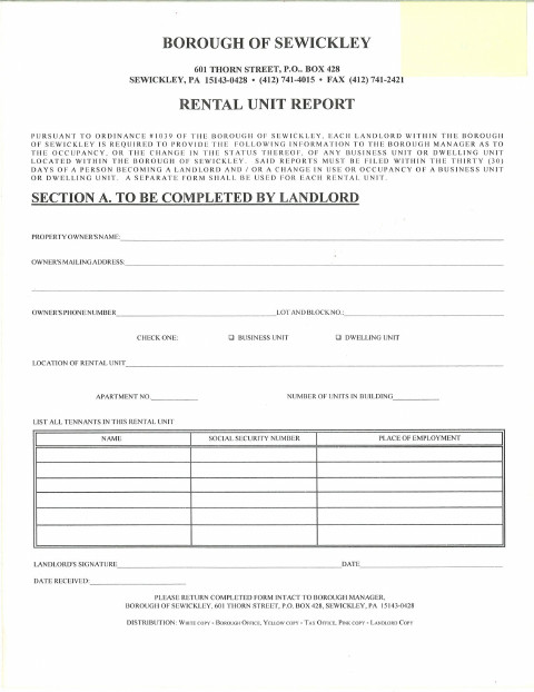 First page of the Landlord Registration Application