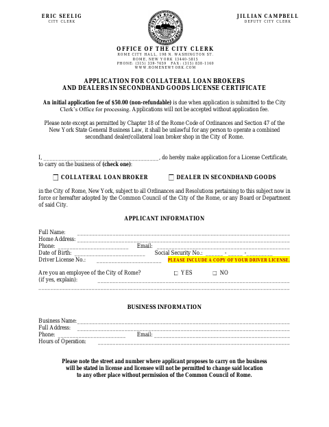 First page of the Collateral Loan Broker and Secondhand Goods Dealer License Application