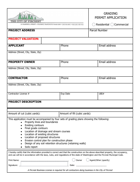 First page of the Grading Permit Application