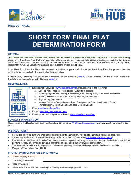 First page of the Short Form Final Plat Determination