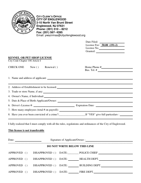 First page of the Kennel or Pet Shop License