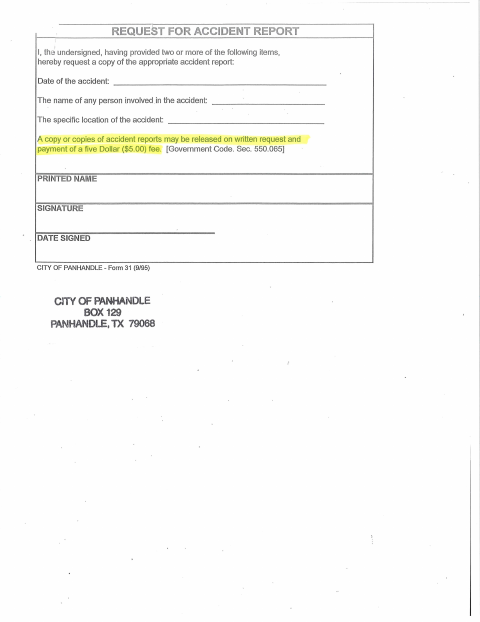 First page of the Request for Accident Report