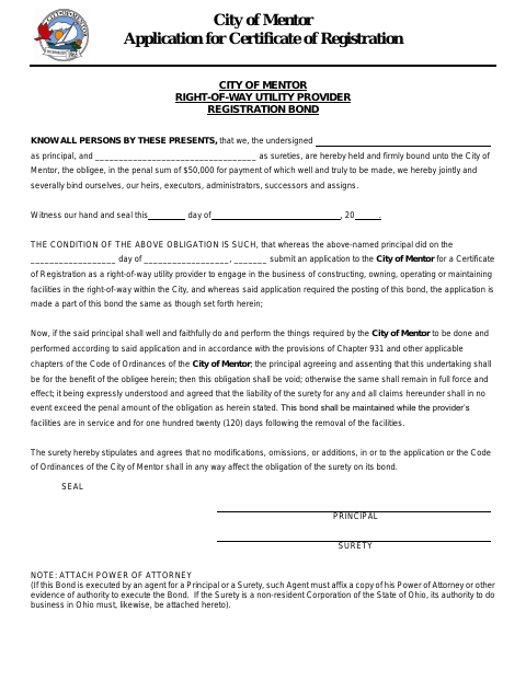First page of the Right-of-Way Utility Provider Registration Bond