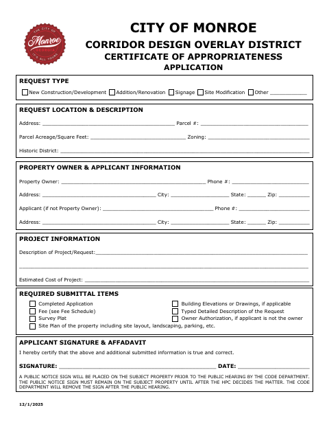 First page of the Corridor Design Overlay District Certificate Of Appropriateness Application