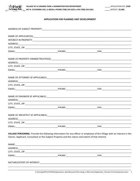 First page of the Application for Planned Unit Development