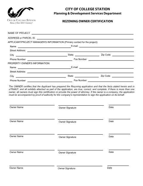 First page of the Rezoning Owner Certification