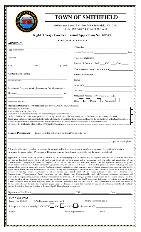 First page of the Right of Way / Easement Permit Application