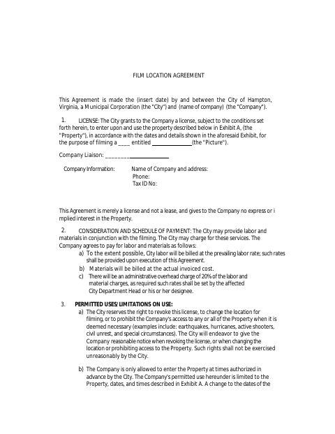 First page of the Film Location Agreement