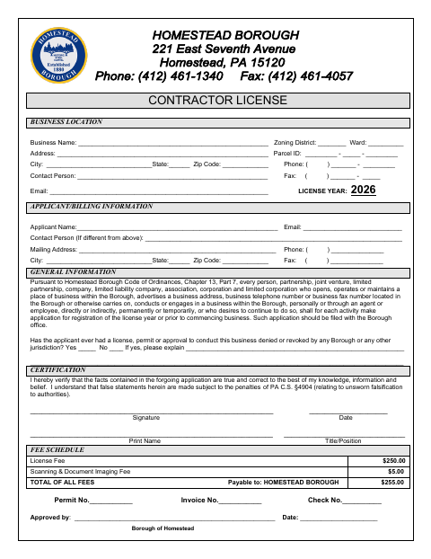 First page of the Contractor License Application