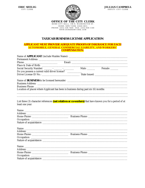 First page of the Taxicab Business License Application