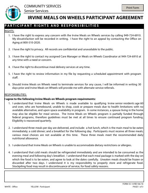 First page of the Meals on Wheels Participant Agreement