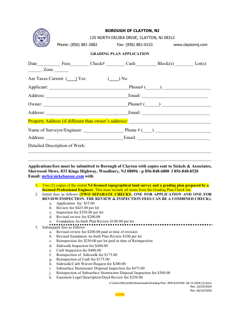 First page of the Grading Plan Application