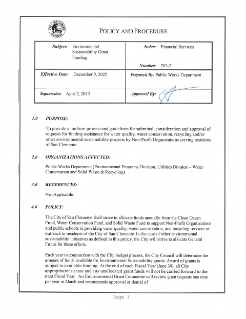 First page of the Environmental Sustainability Grant Application