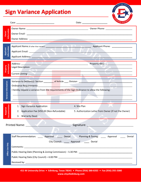 First page of the Sign Variance Application