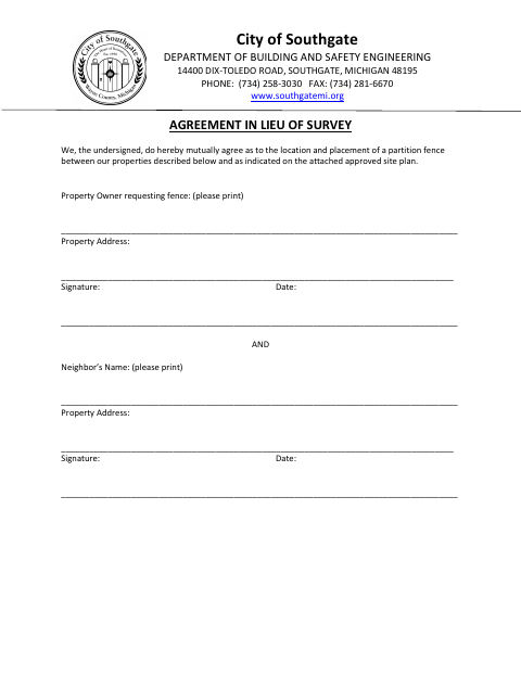 First page of the Agreement in Lieu of Survey