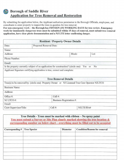 First page of the Tree Removal and Restoration Application