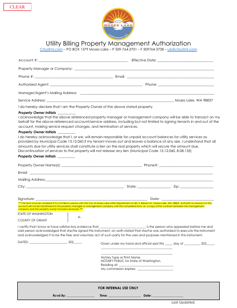 First page of the Utility Billing Property Management Authorization