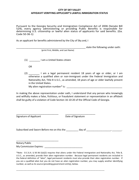 First page of the Affidavit Verifying Applicant’s Lawful Immigration Status