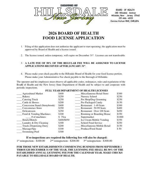 First page of the 2026 Board Of Health Food License Application