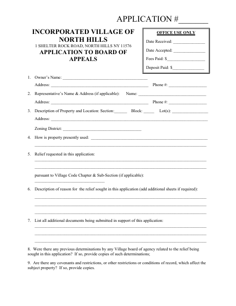 First page of the Board of Appeals Application