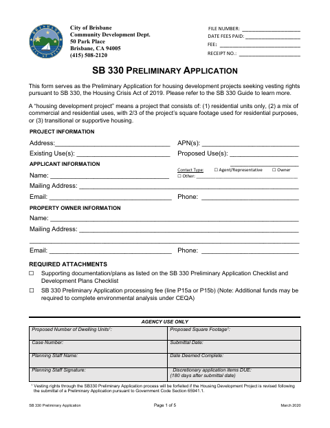 First page of the SB 330 Preliminary Application