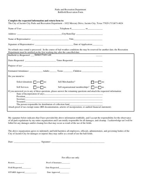 First page of the Ballfield Reservation Form