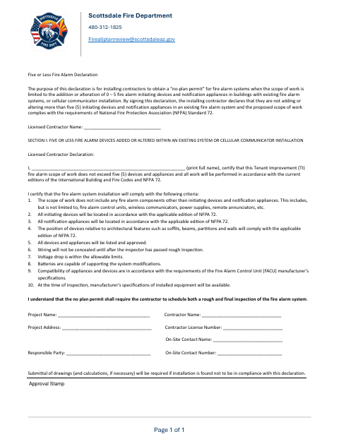 First page of the Five or Less Fire Alarm Declaration