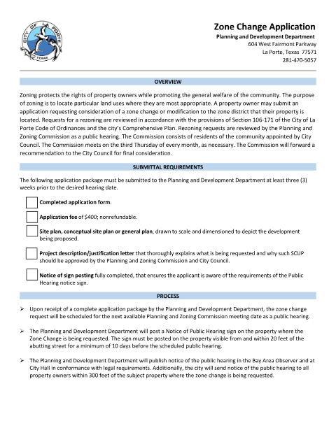 First page of the Zone Change Application