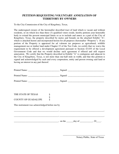 First page of the Petition Requesting Voluntary Annexation of Territory by Owners