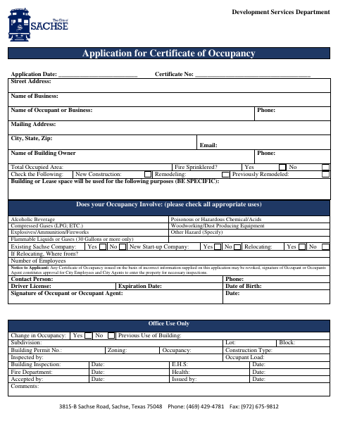 First page of the Application for Certificate of Occupancy