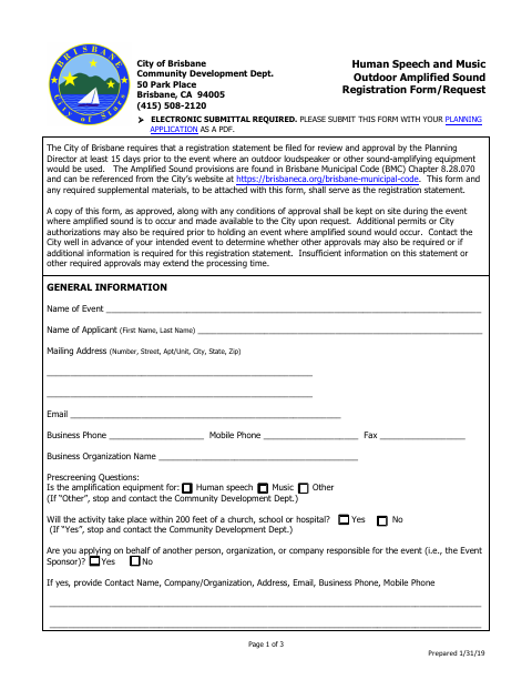 First page of the Outdoor Amplified Sound Request