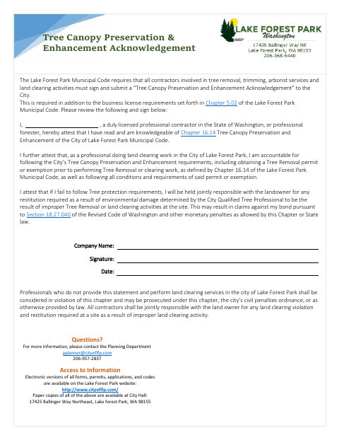 First page of the Tree Canopy Preservation and Enhancement Acknowledgment