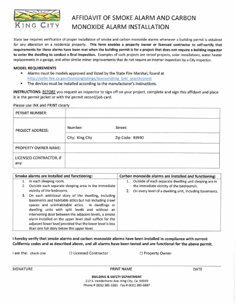 First page of the Affidavit of Smoke Alarm and Carbon Monoxide Alarm Installation