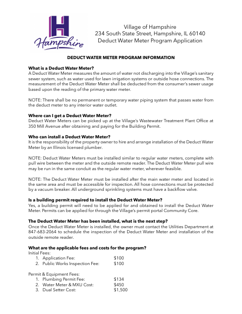 First page of the Deduct Water Meter Program Application