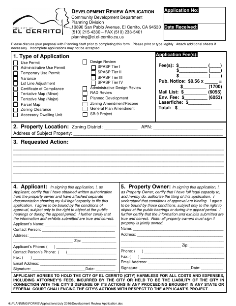 First page of the Development Review Application