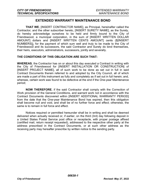 First page of the Extended Warranty Maintenance Bond