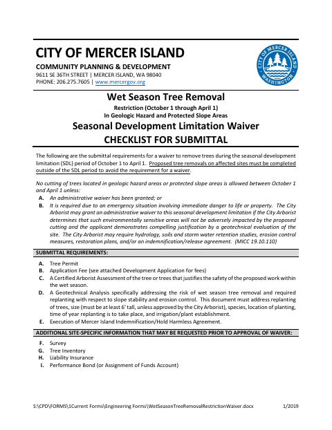 First page of the Wet Season Tree Removal Restriction Waiver Checklist