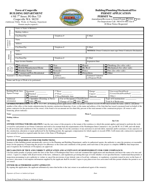 First page of the Building/Plumbing/Mechanical/Fire Permit Application