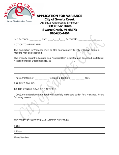 First page of the Application for Variance