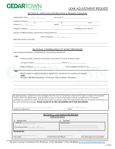 First page of the Leak Adjustment Request