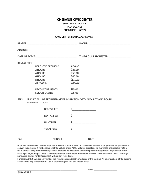 First page of the Civic Center Rental Agreement