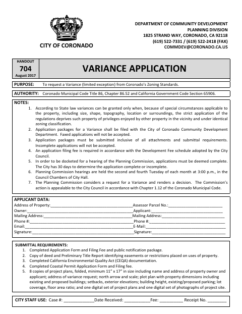 First page of the Variance Application