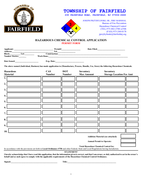 First page of the Hazardous Chemical Control Application Permit