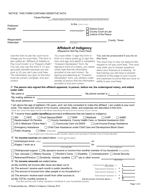 First page of the Affidavit of Indigency